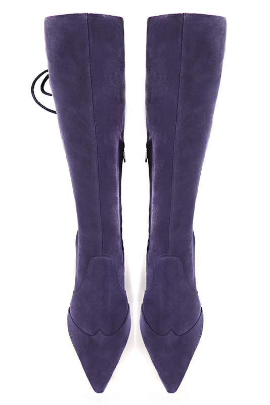 Lavender purple women's knee-high boots, with laces at the back. Tapered toe. Very high block heels. Made to measure. Top view - Florence KOOIJMAN